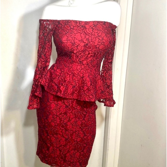 WhimsiGoth Red Black Tipped lace Peplum Cocktail Sexy Dress Sz 0 - Picture 14 of 14